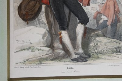 2 lithographies couleurs d'Eugène Déveria guide et lavandière à Eaux-Bonnes Pyrénées ép. 19ème
