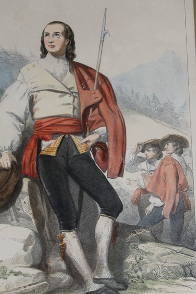 2 lithographies couleurs d'Eugène Déveria guide et lavandière à Eaux-Bonnes Pyrénées ép. 19ème