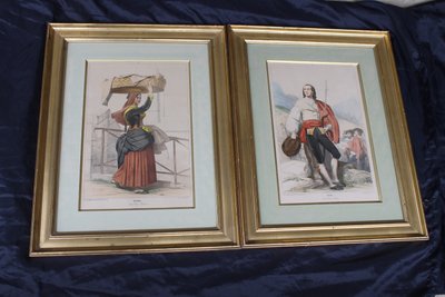 2 lithographies couleurs d'Eugène Déveria guide et lavandière à Eaux-Bonnes Pyrénées ép. 19ème