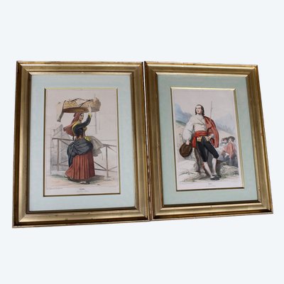 2 lithographies couleurs d'Eugène Déveria guide et lavandière à Eaux-Bonnes Pyrénées ép. 19ème