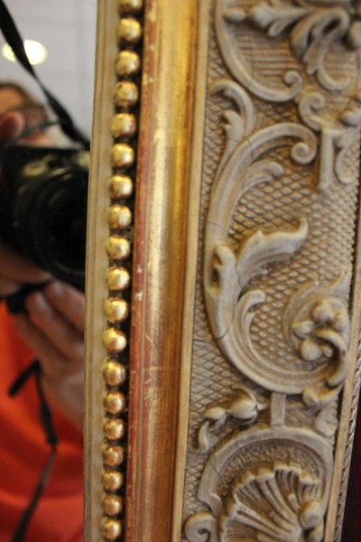 107 x 173 cm Napoleon III pearled mirror, Louis XV-style pediment décor, gold leaf and patina