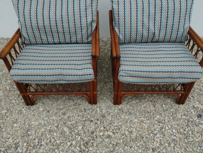 Coppia di poltrone, due, 2 poltrone vintage in rattan con seduta imbottita