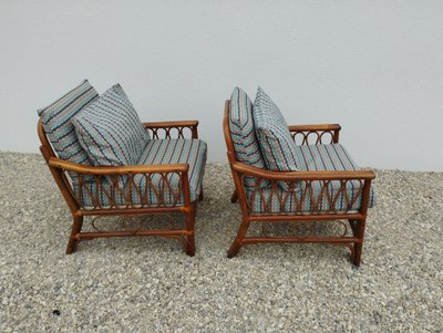 Coppia di poltrone, due, 2 poltrone vintage in rattan con seduta imbottita
