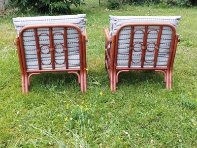 Coppia di poltrone, due, 2 poltrone vintage in rattan con seduta imbottita