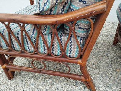 Coppia di poltrone, due, 2 poltrone vintage in rattan con seduta imbottita