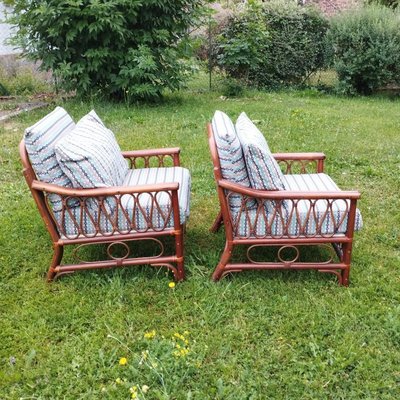 Coppia di poltrone, due, 2 poltrone vintage in rattan con seduta imbottita