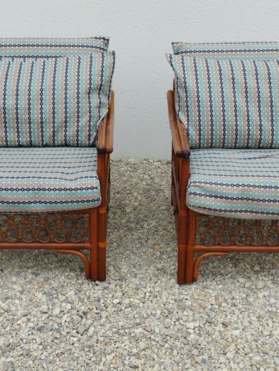 Coppia di poltrone, due, 2 poltrone vintage in rattan con seduta imbottita
