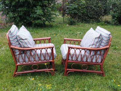 Coppia di poltrone, due, 2 poltrone vintage in rattan con seduta imbottita