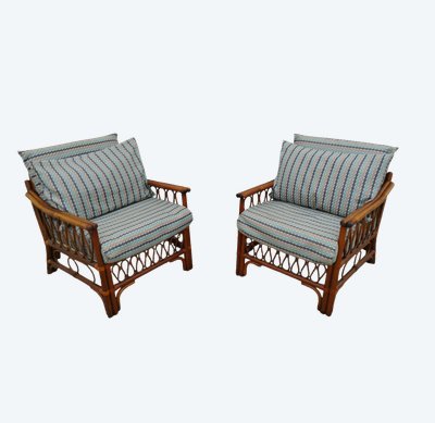 Coppia di poltrone, due, 2 poltrone vintage in rattan con seduta imbottita