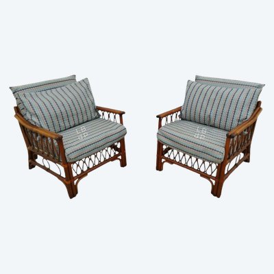 Coppia di poltrone, due, 2 poltrone vintage in rattan con seduta imbottita