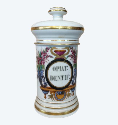 A porcelain medicine jar marked OPIAT: DENTIF
