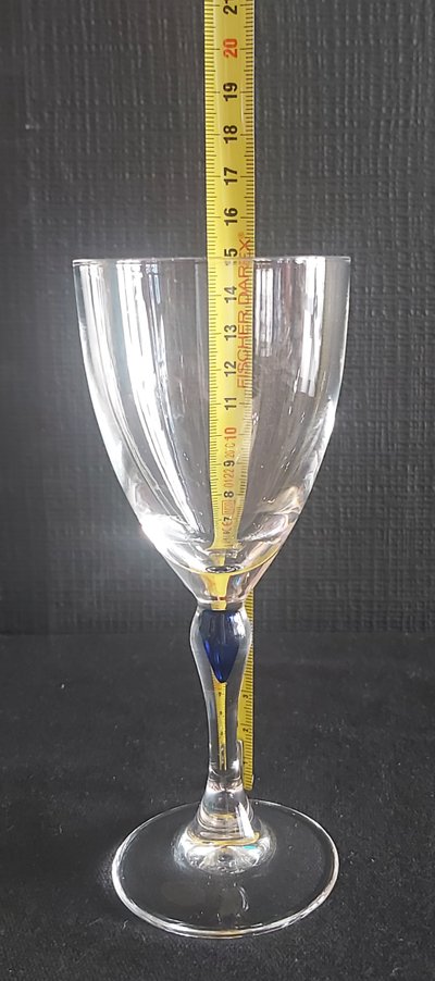 Set of crystal glasses, blue drop at the top of the leg.