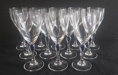 Set of crystal glasses, blue drop at the top of the leg.
