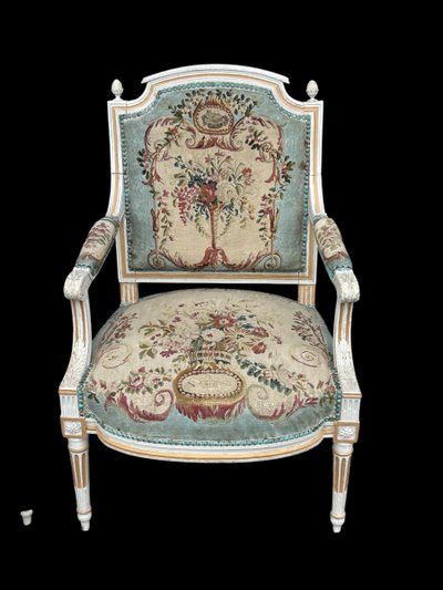Pair Of Louis XVI Period Cabriolet Armchairs - Lacquered Beech And 18th Century Tapestry Trim