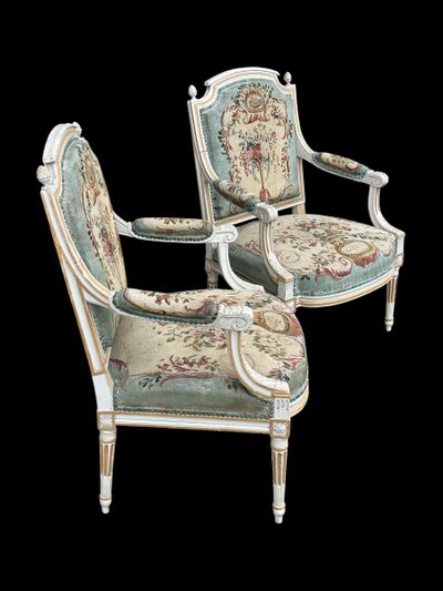 Pair Of Louis XVI Period Cabriolet Armchairs - Lacquered Beech And 18th Century Tapestry Trim