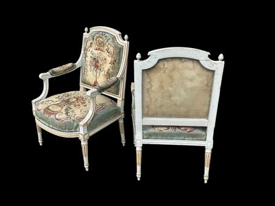 Pair Of Louis XVI Period Cabriolet Armchairs - Lacquered Beech And 18th Century Tapestry Trim
