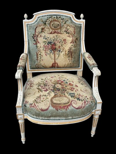 Pair Of Louis XVI Period Cabriolet Armchairs - Lacquered Beech And 18th Century Tapestry Trim