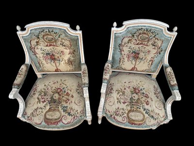 Pair Of Louis XVI Period Cabriolet Armchairs - Lacquered Beech And 18th Century Tapestry Trim