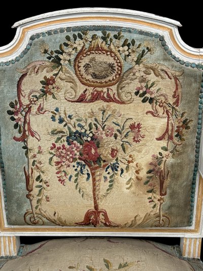 Pair Of Louis XVI Period Cabriolet Armchairs - Lacquered Beech And 18th Century Tapestry Trim
