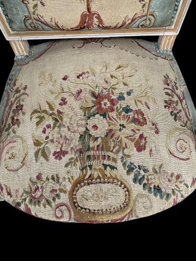 Pair Of Louis XVI Period Cabriolet Armchairs - Lacquered Beech And 18th Century Tapestry Trim
