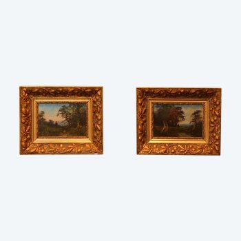 Two Oils On Canvas Depicting Landscapes From The End Of The XIXth Century Signed "caloiz" (?)