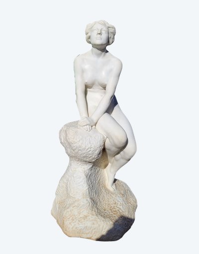 Grande bagnante su roccia, marmo bianco di grandi dimensioni (155 cm), fine XIX secolo