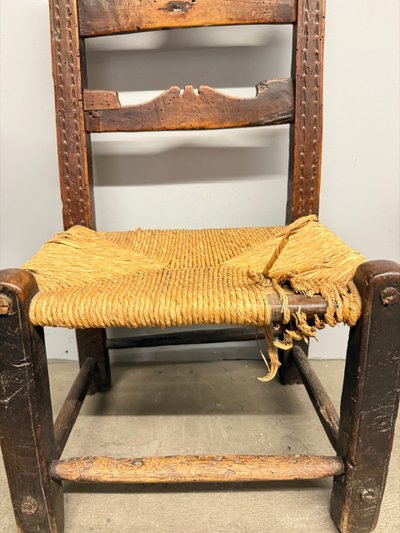 Antique and rare 17th century child's chair, walnut and straw, 73x34cm