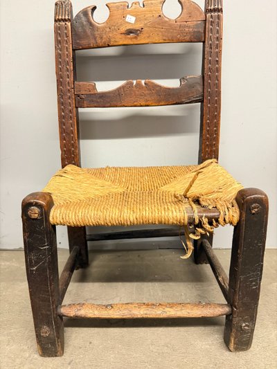 Antique and rare 17th century child's chair, walnut and straw, 73x34cm