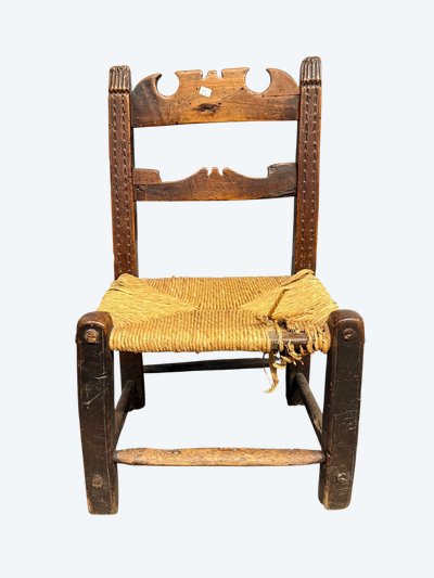 Antique and rare 17th century child's chair, walnut and straw, 73x34cm