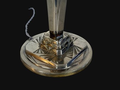 ART DECO LIVING ROOM LAMP IN CHROME-PLATED BRONZE WITH PRESSED MOLDED GLASS DOME
