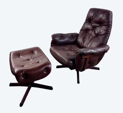 Poltrona e pouf in pelle di GÖTE MÖBLER Svezia 1960