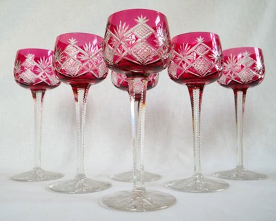 6 Baccarat crystal Rhine wine glasses, Hyères model, pink crystal overlay