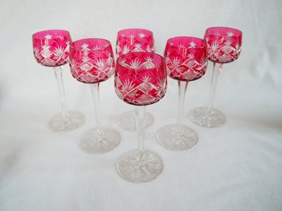 6 Baccarat crystal Rhine wine glasses, Hyères model, pink crystal overlay