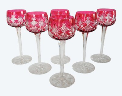 6 Baccarat crystal Rhine wine glasses, Hyères model, pink crystal overlay