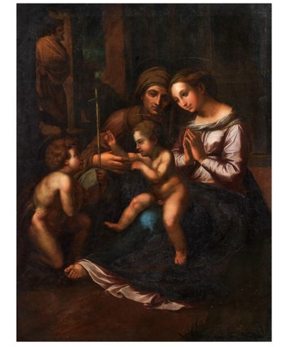 Anonymous, 17th century, Madonna with Child, Saint John the Baptist, and Elizabeth copy of Raphael