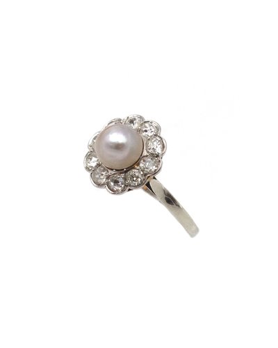 Bague perle fine Belle Epoque en or 18k et platine, perle fine certifiée, bague ancienne