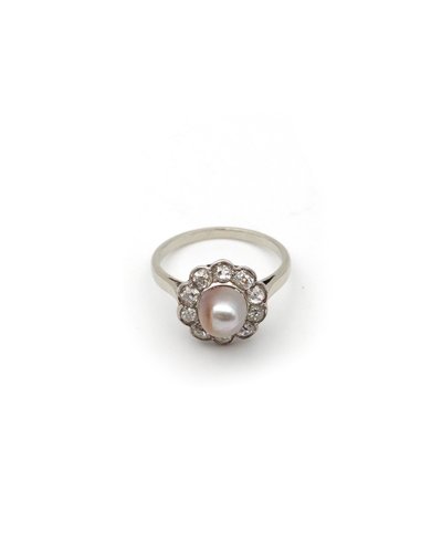 Bague perle fine Belle Epoque en or 18k et platine, perle fine certifiée, bague ancienne