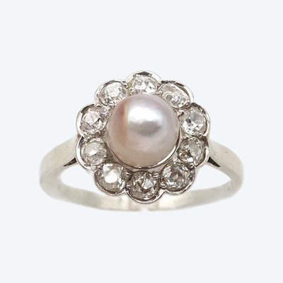 Bague perle fine Belle Epoque en or 18k et platine, perle fine certifiée, bague ancienne