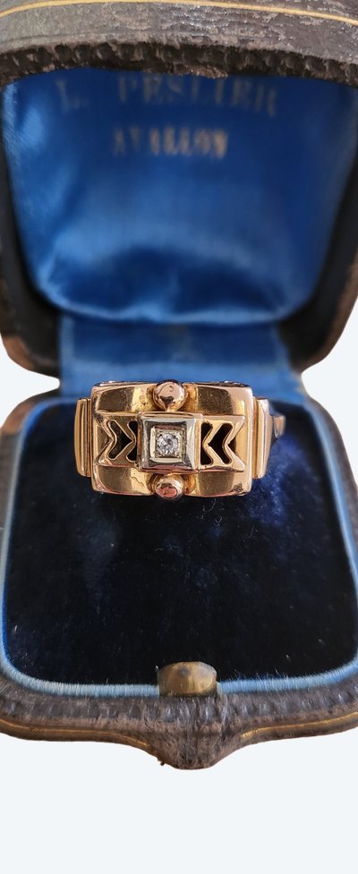 Anello Art Deco "Tank" in oro 18 ct/platino/diamante