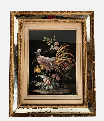 Coppia di gouaches su carta, uccelli e fiori