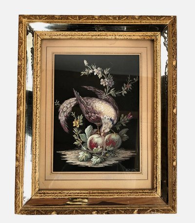 Coppia di gouaches su carta, uccelli e fiori