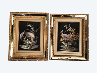 Coppia di gouaches su carta, uccelli e fiori