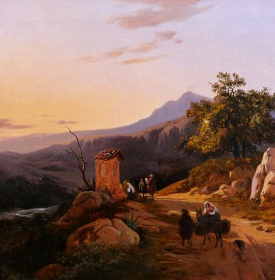 Edouard de Vigne 1808-1866 Italie, paysage au coucher du soleil, tableau romantisme Belgique