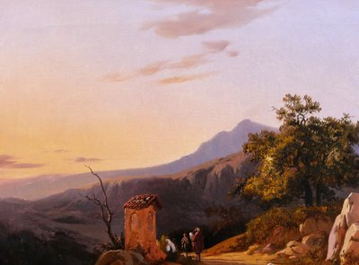 Edouard de Vigne 1808-1866 Italie, paysage au coucher du soleil, tableau romantisme Belgique