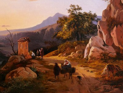 Edouard de Vigne 1808-1866 Italie, paysage au coucher du soleil, tableau romantisme Belgique