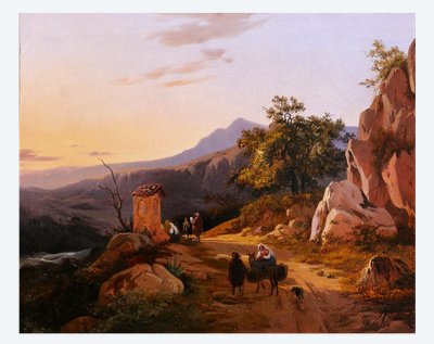Edouard de Vigne 1808-1866 Italie, paysage au coucher du soleil, tableau romantisme Belgique