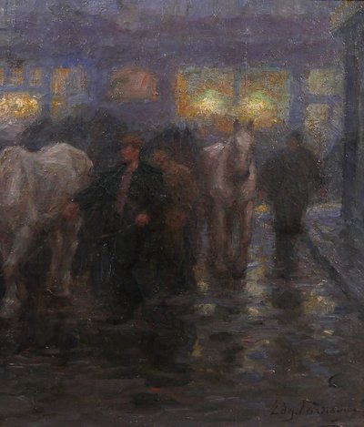 Edgard FARASYN 1868-1938 Pferde in der Stadt, Nachteffekt, Gemälde, Impressionismus Belgien