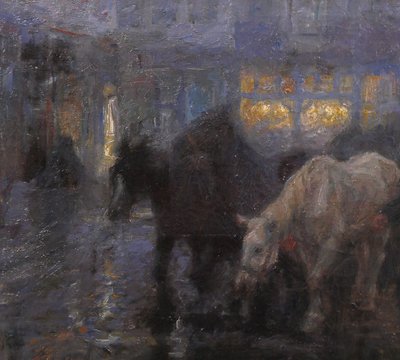 Edgard FARASYN 1868-1938 Pferde in der Stadt, Nachteffekt, Gemälde, Impressionismus Belgien