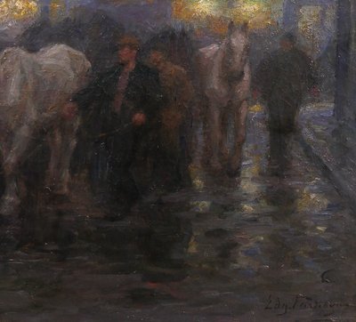Edgard FARASYN 1868-1938 Pferde in der Stadt, Nachteffekt, Gemälde, Impressionismus Belgien