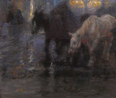 Edgard FARASYN 1868-1938 Pferde in der Stadt, Nachteffekt, Gemälde, Impressionismus Belgien